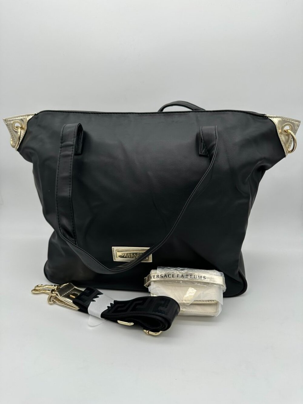 Versace Parfums Holdall Faux Leather Weekender Tote Handbag,‎ Black/Gold Tone
